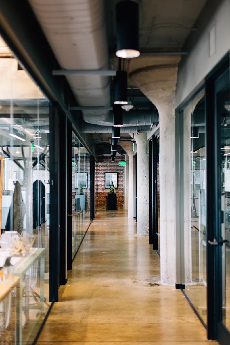 Polished concrete floor in a clean office corridor